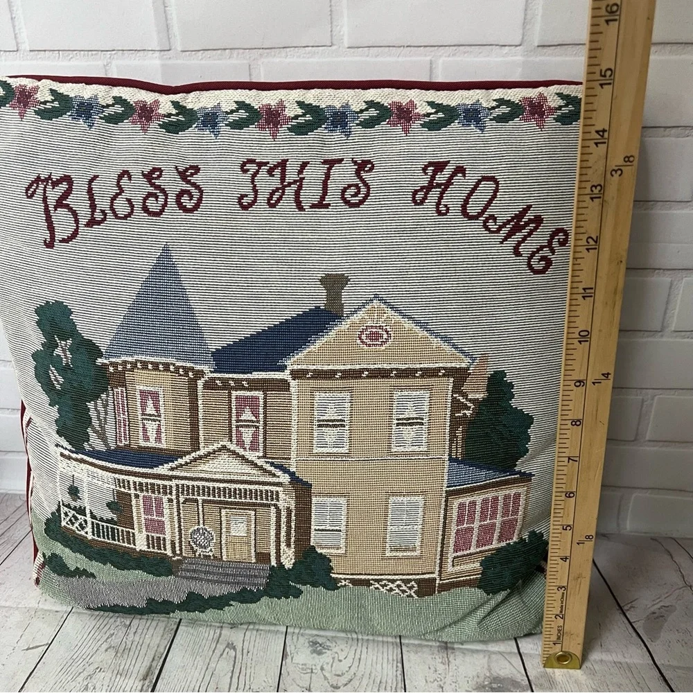 Cottage Core Tapestry Bless This Home Accent Throw Pillow Victorian House VTG